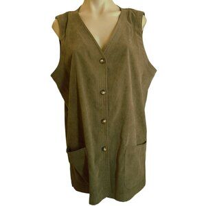 Orvis Button-Up Long Vest Womens Size L Brown Pockets Outdoors Waist Coat V Neck